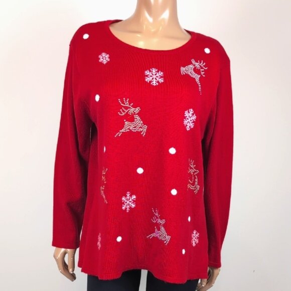 Vintage La Madonna Reindeer Christmas Sweater Studded Snowflake Festive Holiday - Picture 2 of 12